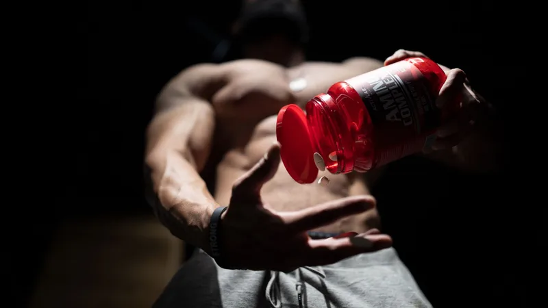 Spor salonunda BCAA ve EAA takviye kaplarını elindeki içecek şişesiyle karşılaştıran bir sporcu