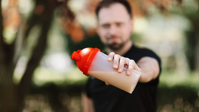 Glutamin takviyesi etiketini spor salonundaki toparlanma öğününün yanında inceleyen sporcu